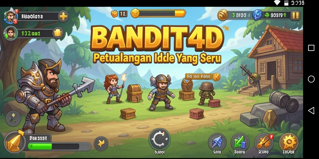 Screenshot BANDIT4D menampilkan karakter bandit yang sedang mengumpulkan harta dengan gameplay idle.
