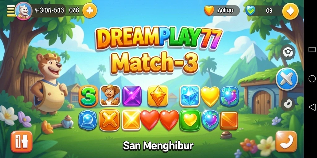 Tampilan gameplay seru di DREAMPLAY77 dengan elemen Match-3.