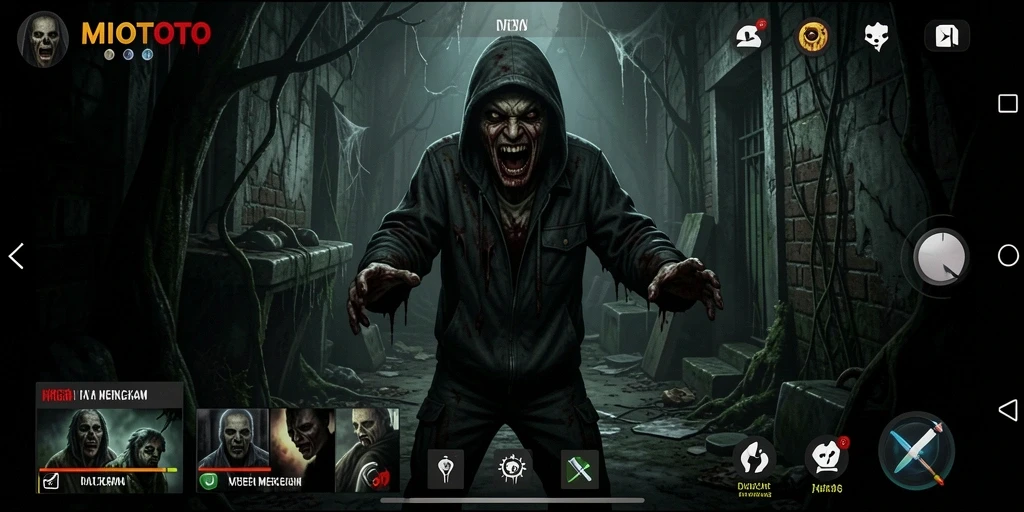Gameplay <strong>MIOTOTO</strong> yang menakutkan dan mencekam dalam suasana gelap.