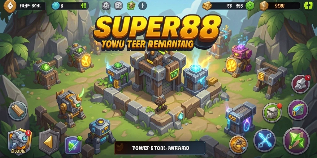 Tangkapan layar utama SUPER88 menunjukkan aksi menegangkan dalam permainan Tower Defense.