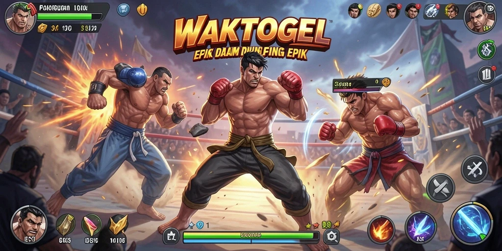 Tampilan pertarungan seru di WAKTOGEL dengan karakter yang beraksi.